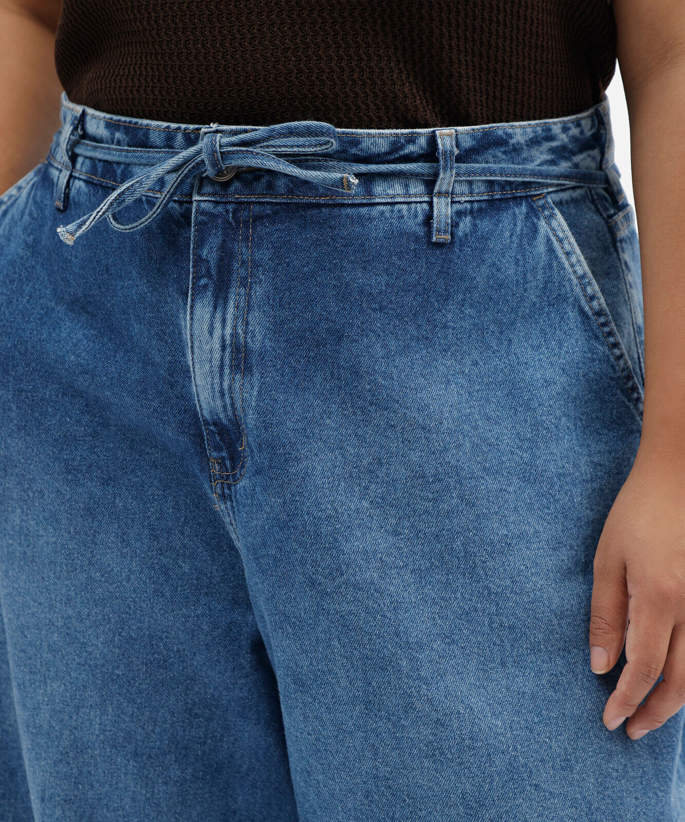 calça barrel feminina jeans com cordão plus size azul