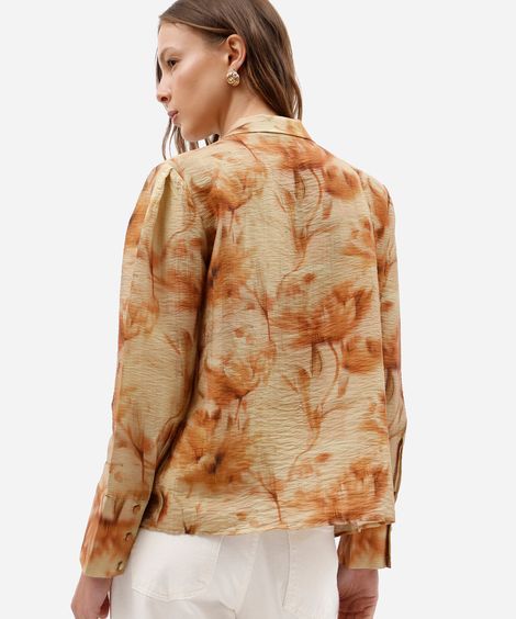 blusa feminina com liocel gola laço manga longa texturizada floral amarela