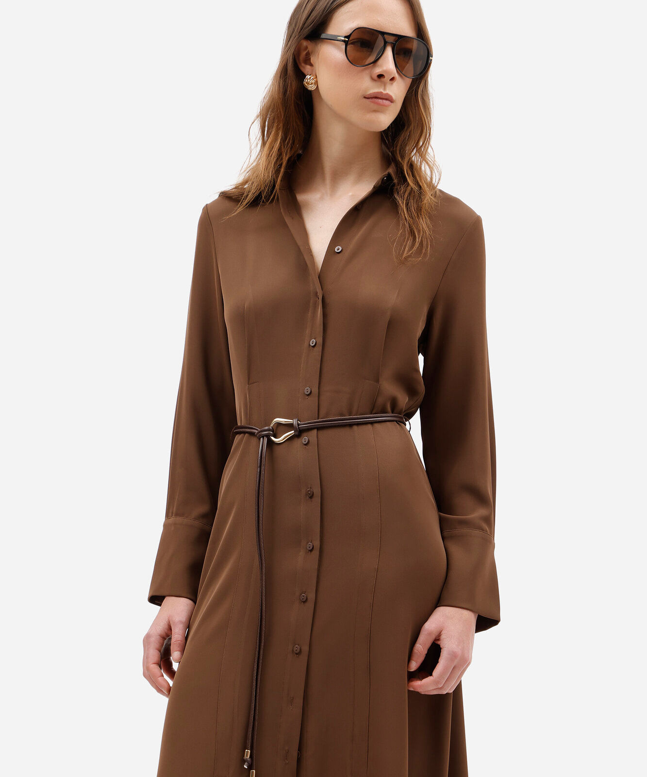vestido midi chemise feminino manga longa com cinto marrom