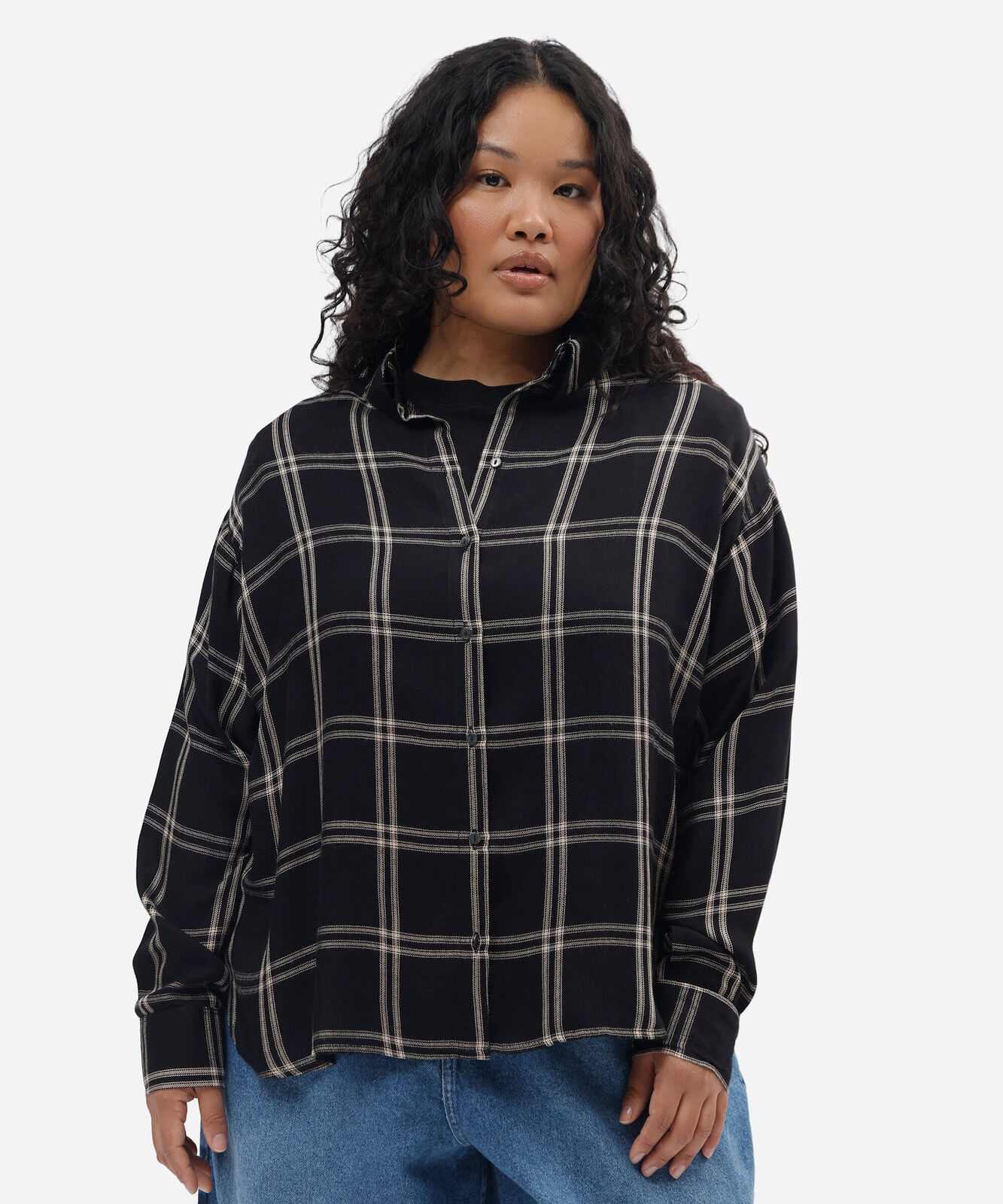 camisa feminina de viscose manga longa xadrez plus size preta