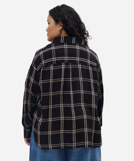camisa feminina de viscose manga longa xadrez plus size preta