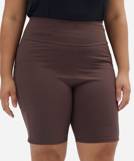bermuda esportiva feminina plus size com bolsos em poliamida marrom