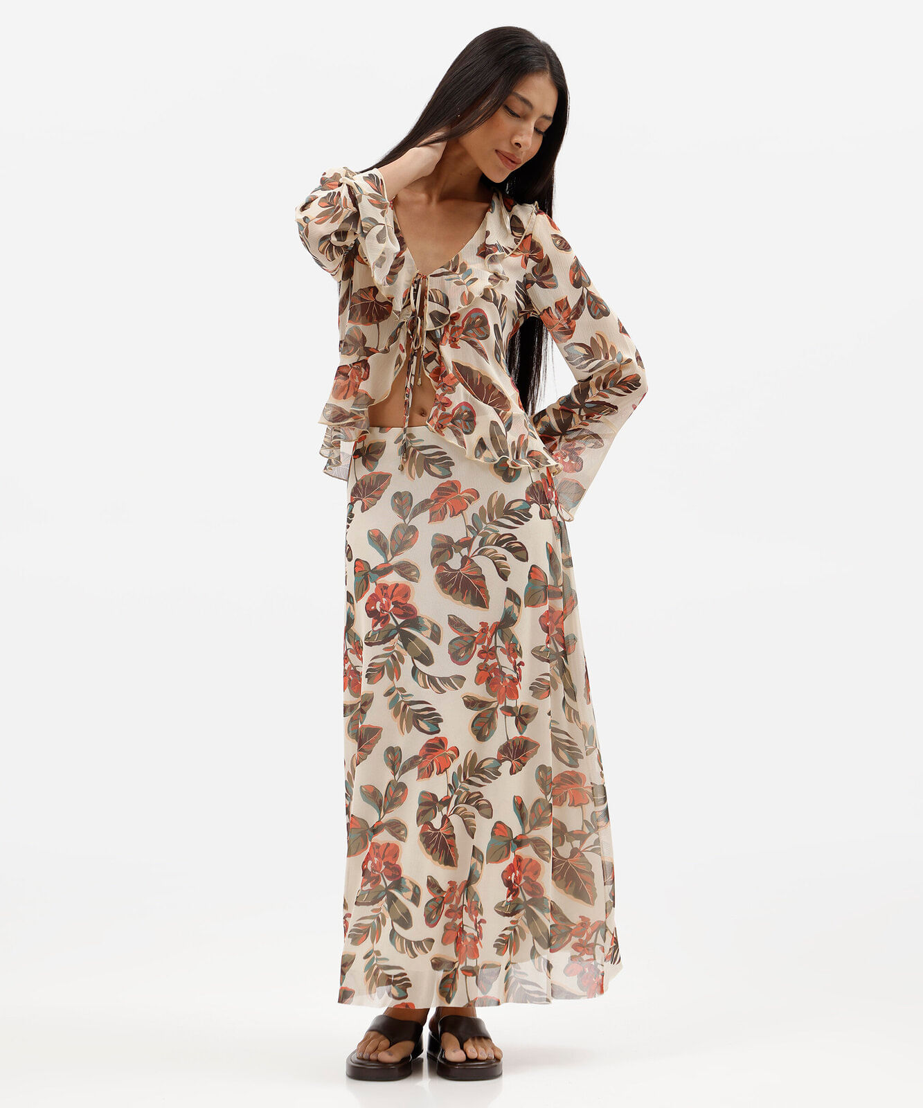 saia midi feminina de tule folhagens amarela