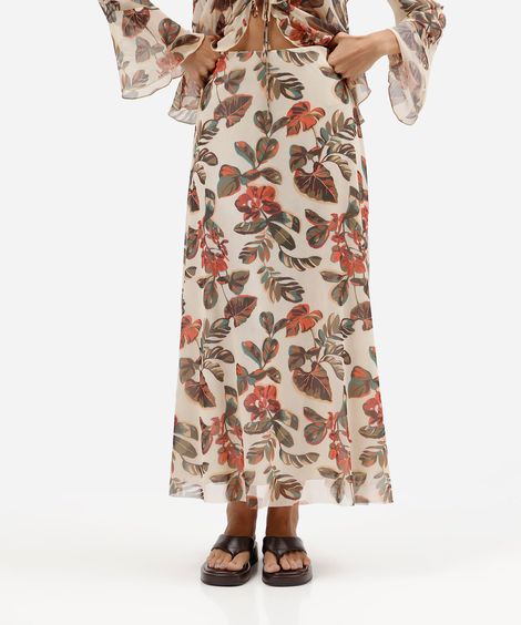 saia midi feminina de tule folhagens amarela