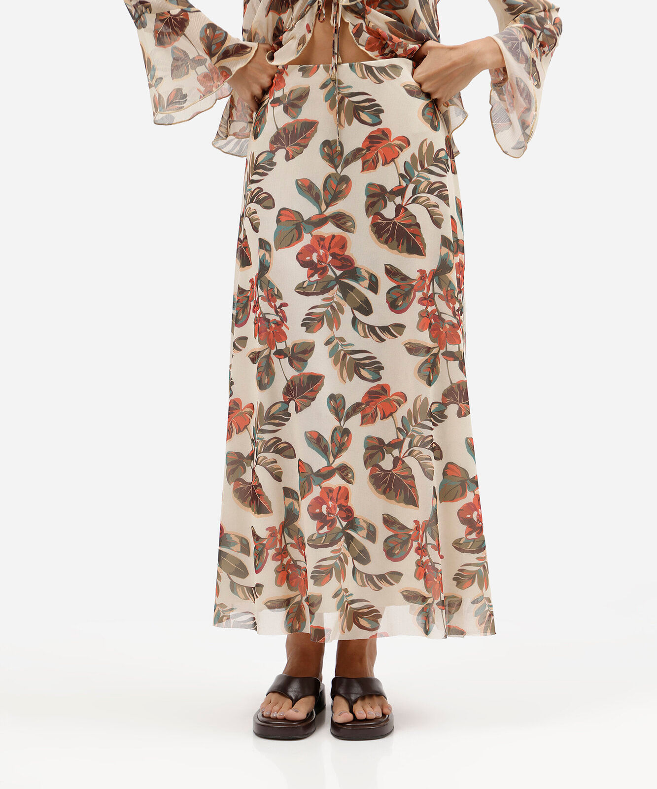 saia midi feminina de tule folhagens amarela