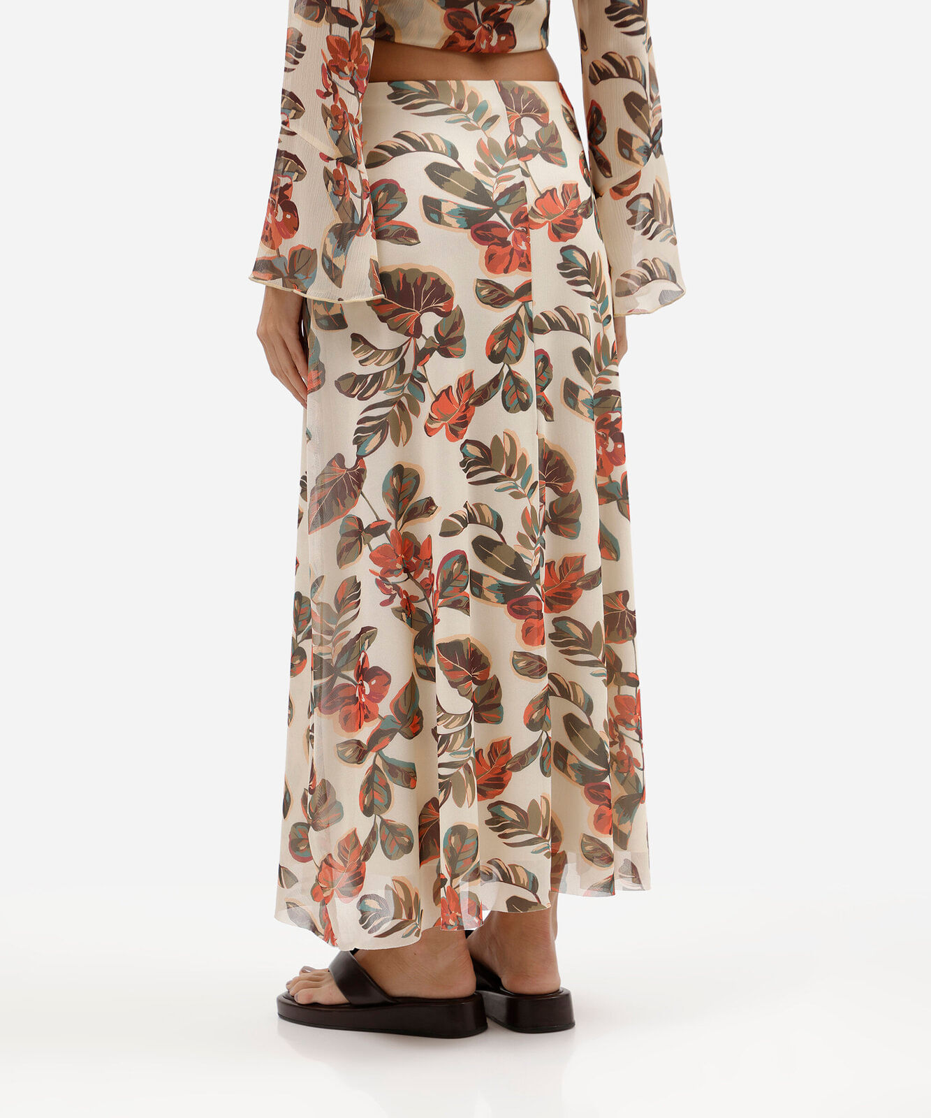 saia midi feminina de tule folhagens amarela