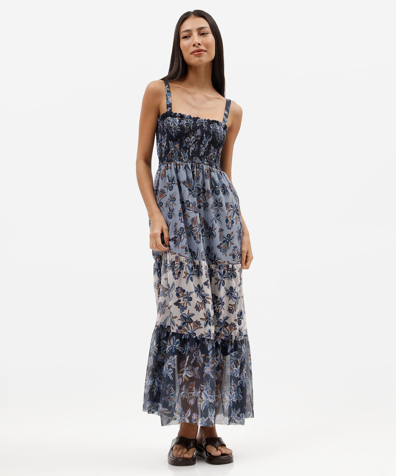 vestido midi feminino de tule com recortes floral azul