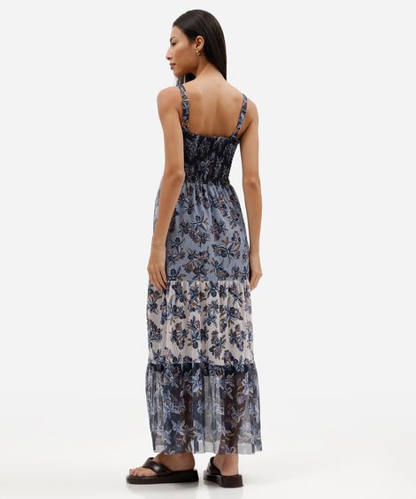 vestido midi feminino de tule com recortes floral azul