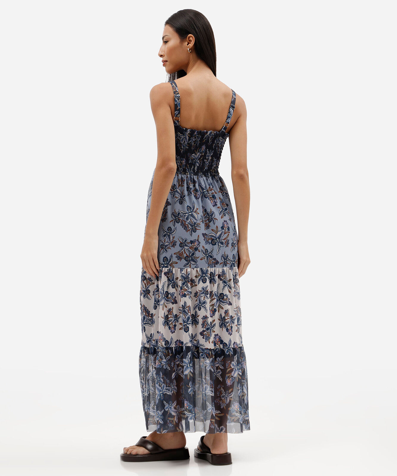 vestido midi feminino de tule com recortes floral azul