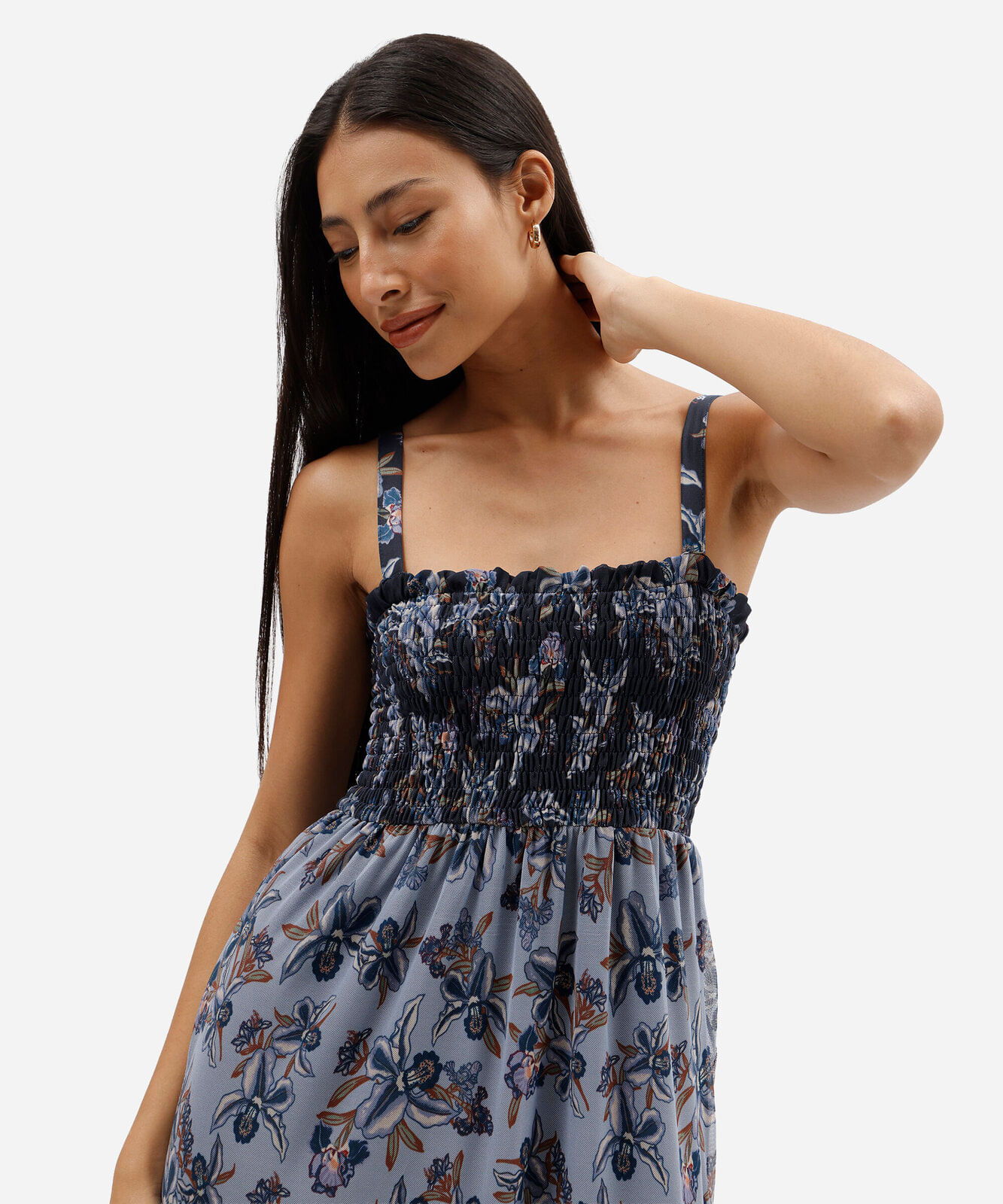 vestido midi feminino de tule com recortes floral azul