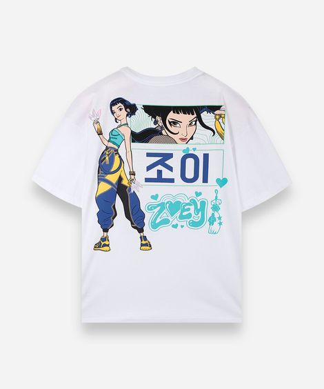 camiseta oversized juvenil de algodão manga curta guerreiras do kpop off white