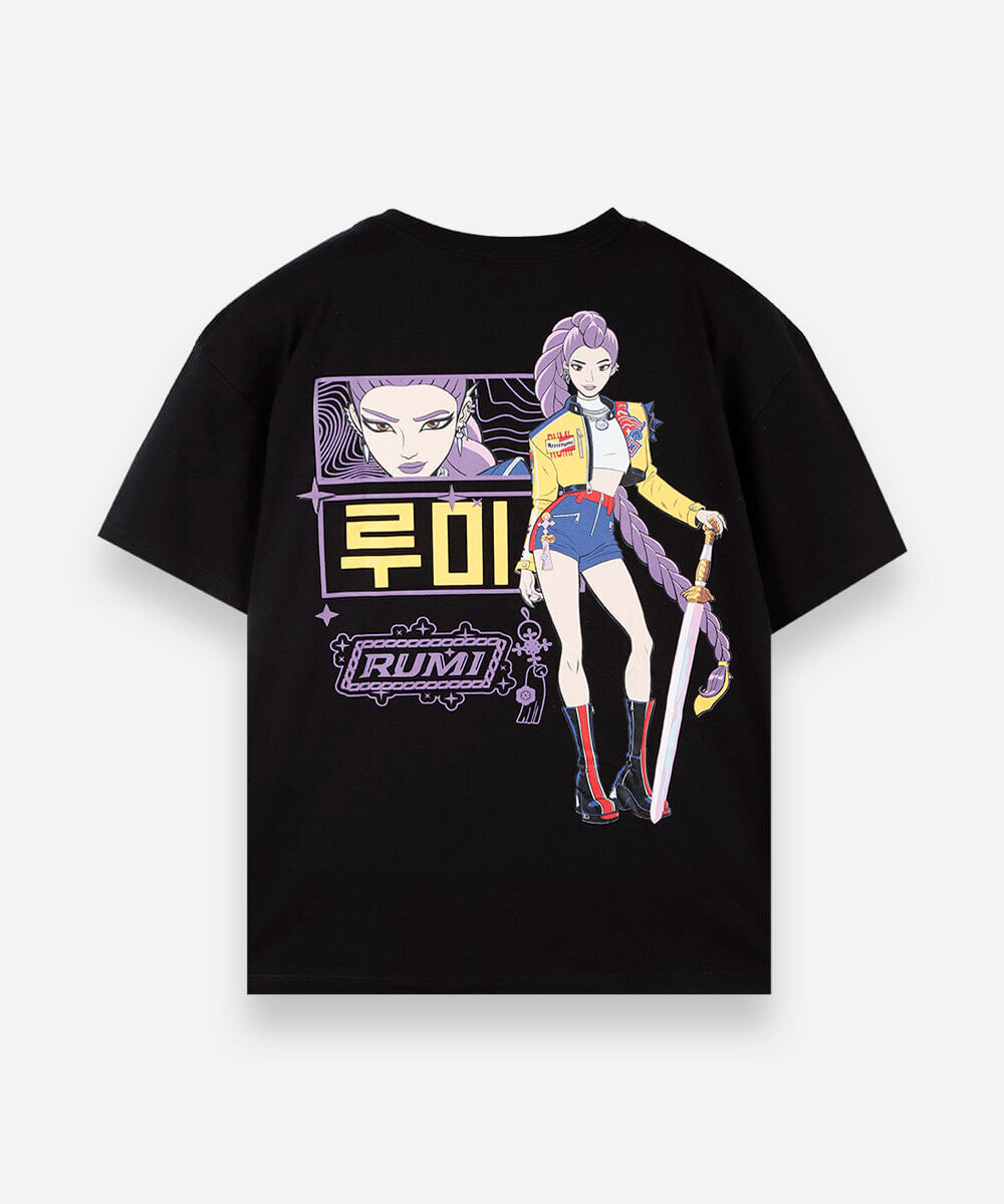 camiseta oversized juvenil de algodão manga curta guerreiras do kpop preta