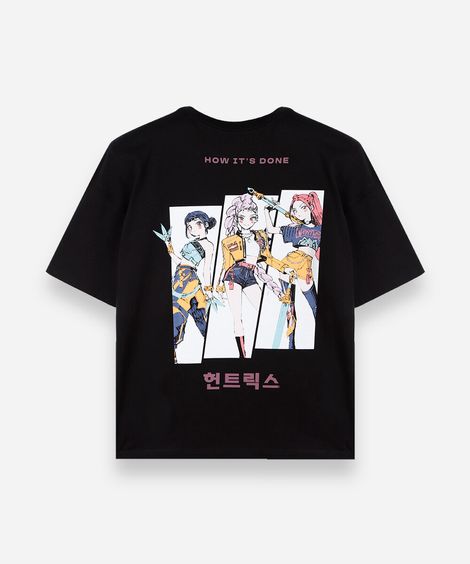camiseta oversized juvenil de algodão manga curta guerreiras do kpop preta