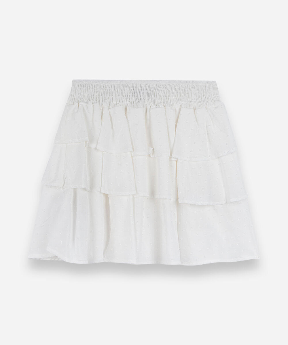 saia curta juvenil de viscose com babados texturizada off white