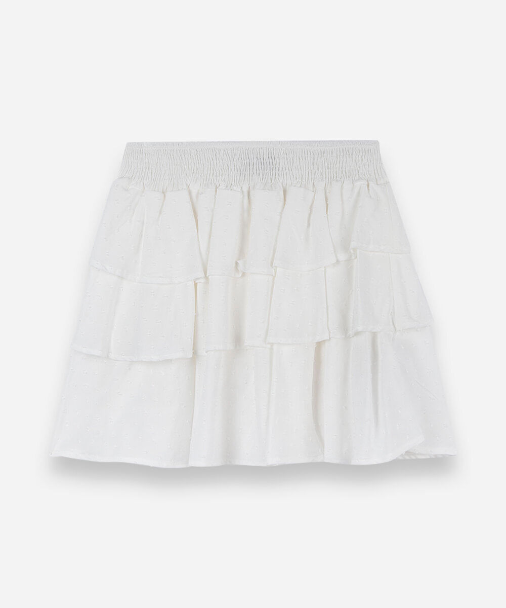 saia curta juvenil de viscose com babados texturizada off white