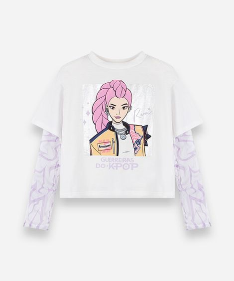 camiseta infantil de algodão com tule manga longa guerreiras do kpop off white