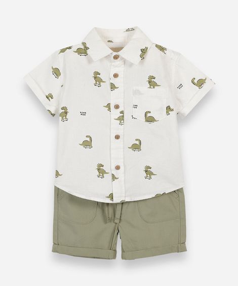 conjunto curto infantil de algodão dino off white