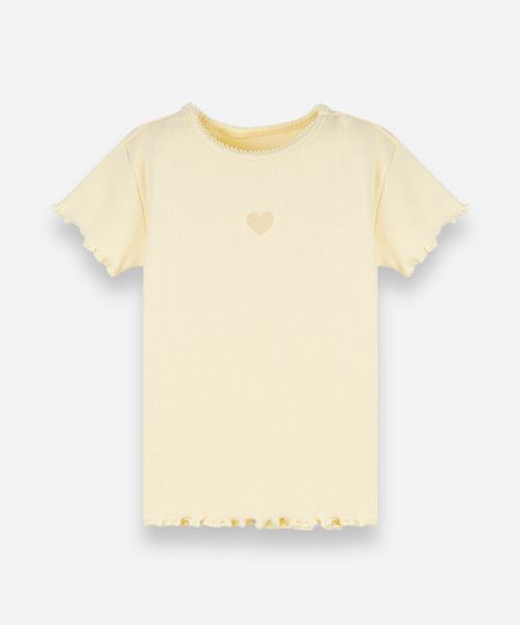 blusa infantil de algodão manga curta com bordado amarela
