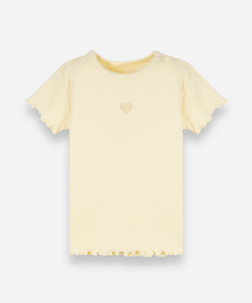 blusa infantil de algodão manga curta com bordado amarela