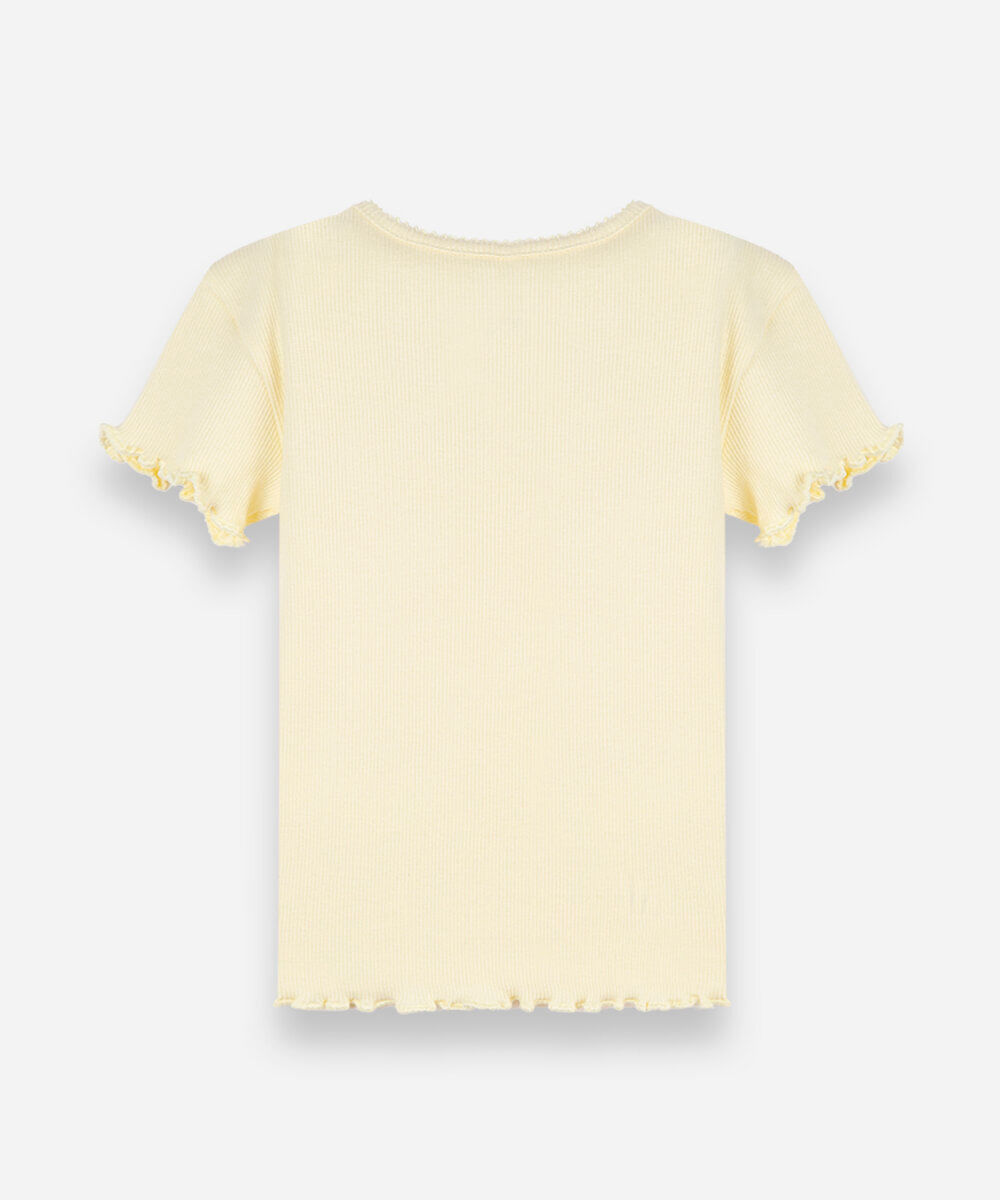 blusa infantil de algodão manga curta com bordado amarela