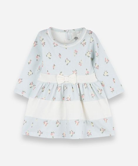 vestido infantil de algodão manga longa floral azul
