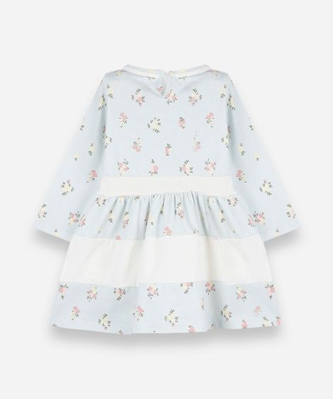 vestido infantil de algodão manga longa floral azul