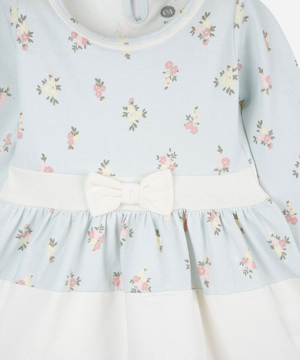 vestido infantil de algodão manga longa floral azul