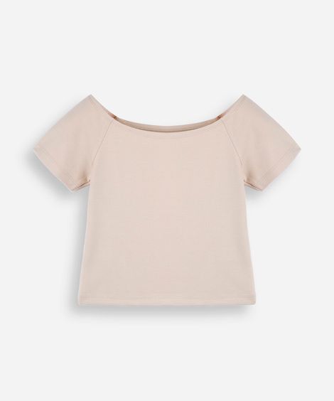 blusa cropped juvenil ombro a ombro de malha bege