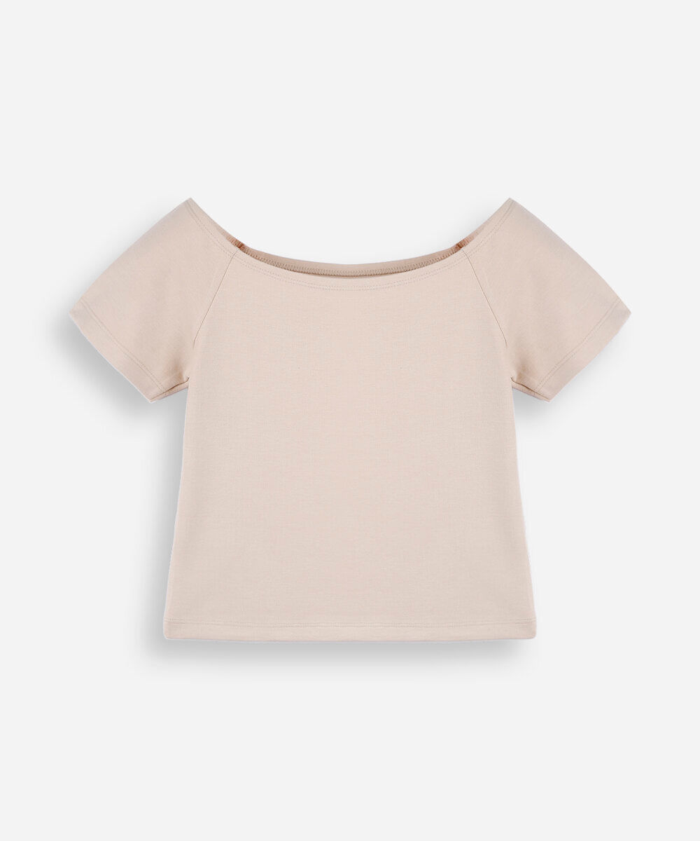 blusa cropped juvenil ombro a ombro de malha bege