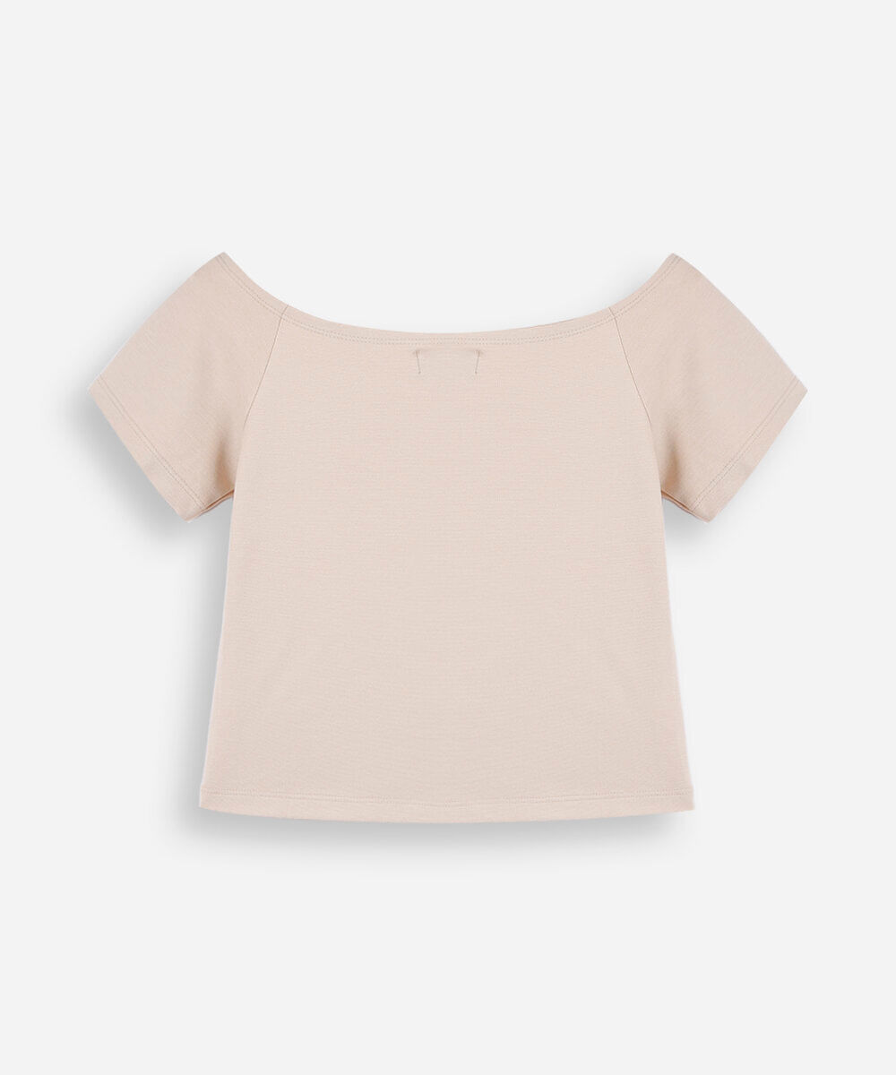 blusa cropped juvenil ombro a ombro de malha bege