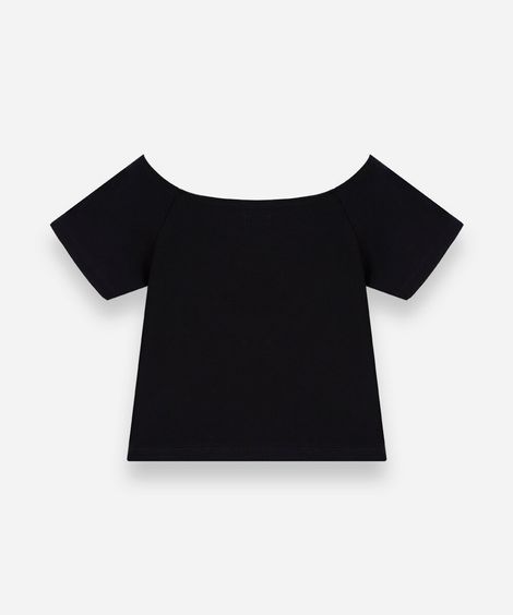 blusa cropped juvenil ombro a ombro de malha preta