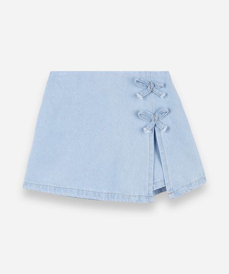 shorts saia infantil jeans com laços azul