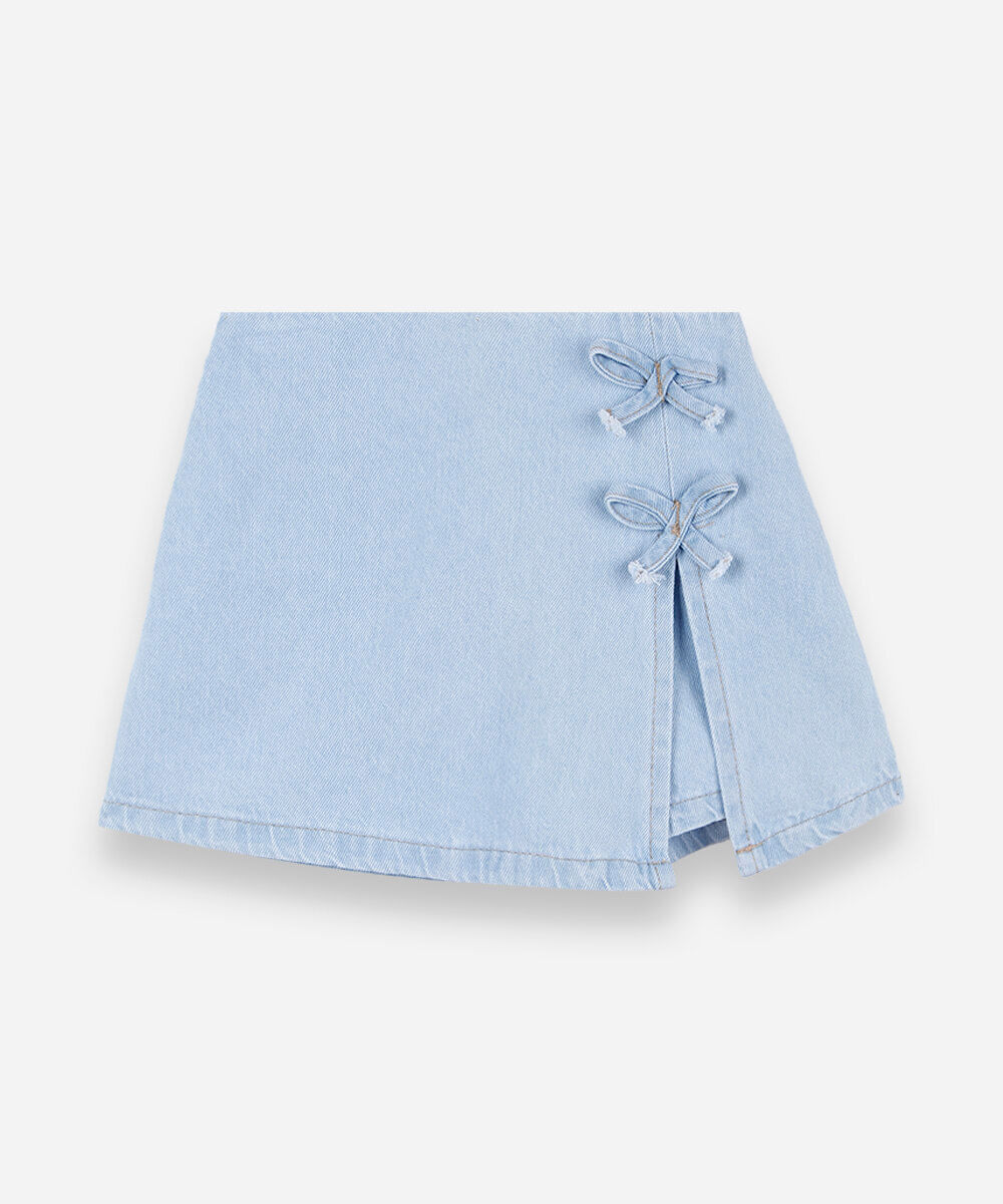 shorts saia infantil jeans com laços azul