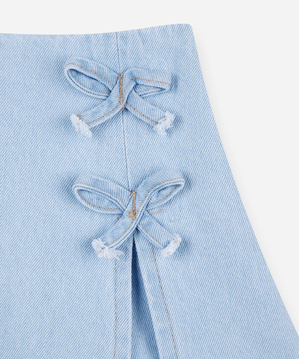 shorts saia infantil jeans com laços azul
