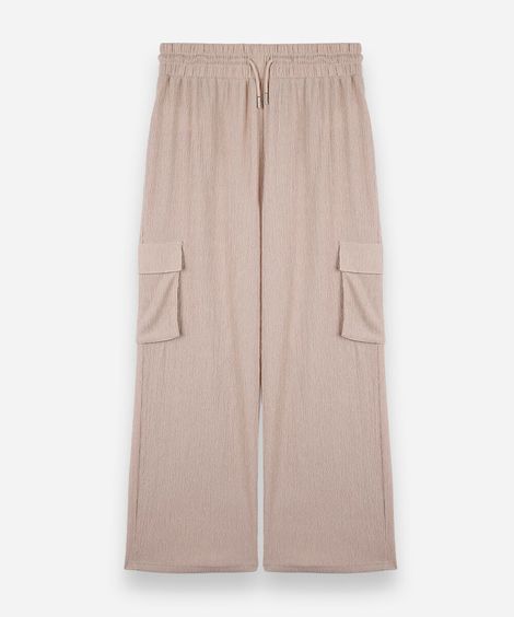 calça juvenil cargo wide leg texturizada bege