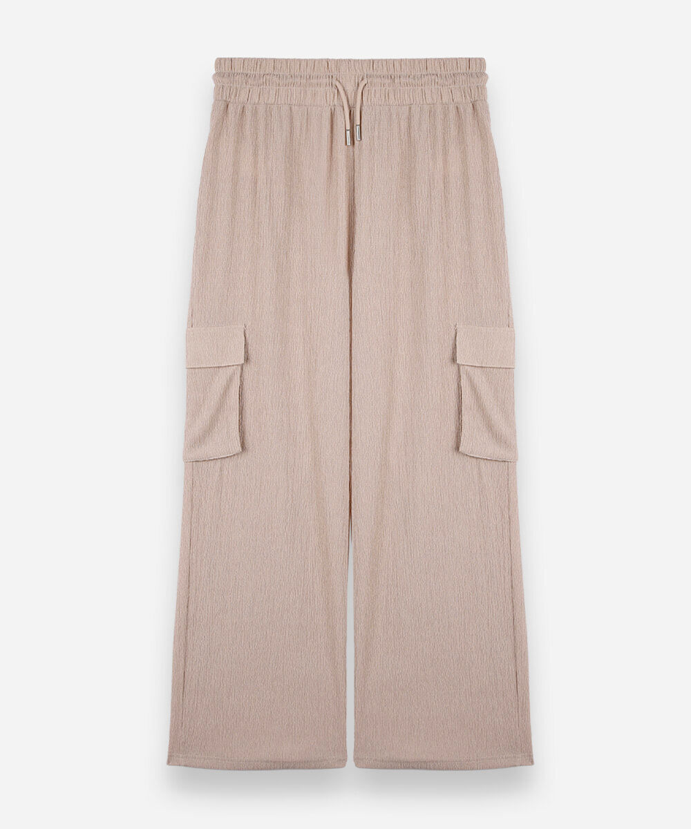 calça juvenil cargo wide leg texturizada bege
