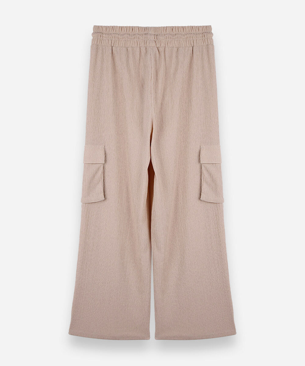 calça juvenil cargo wide leg texturizada bege