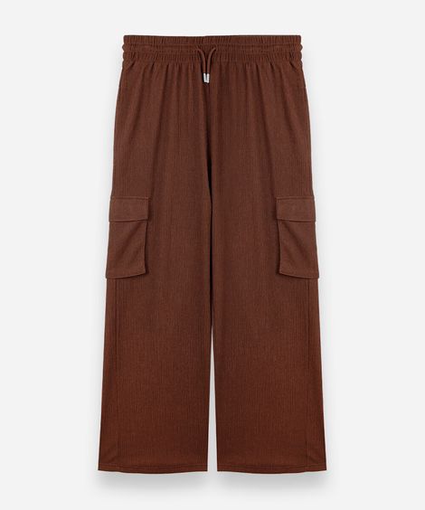 calça juvenil cargo wide leg texturizada marrom