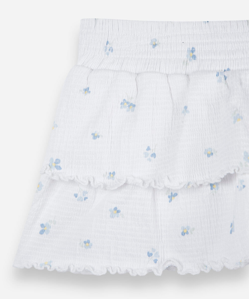 saia curta infantil de algodão com babados floral texturizada colorido