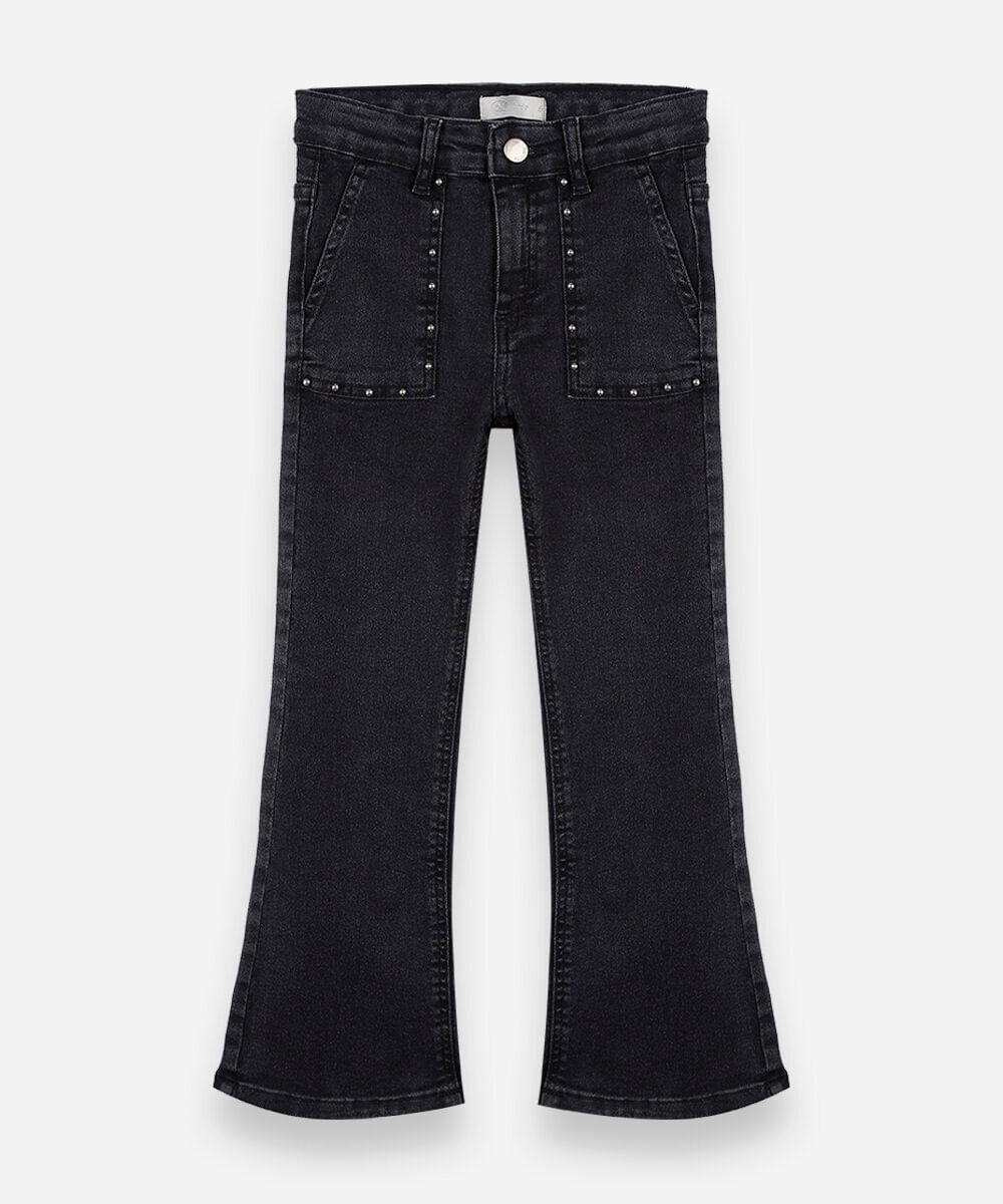 calça infantil flare jeans com tachas preta