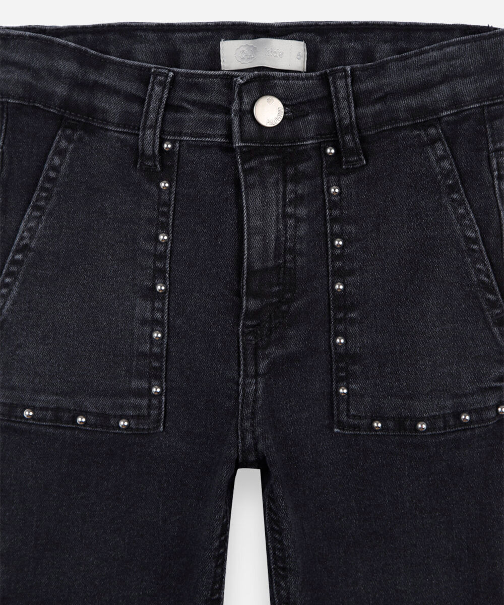 calça infantil flare jeans com tachas preta