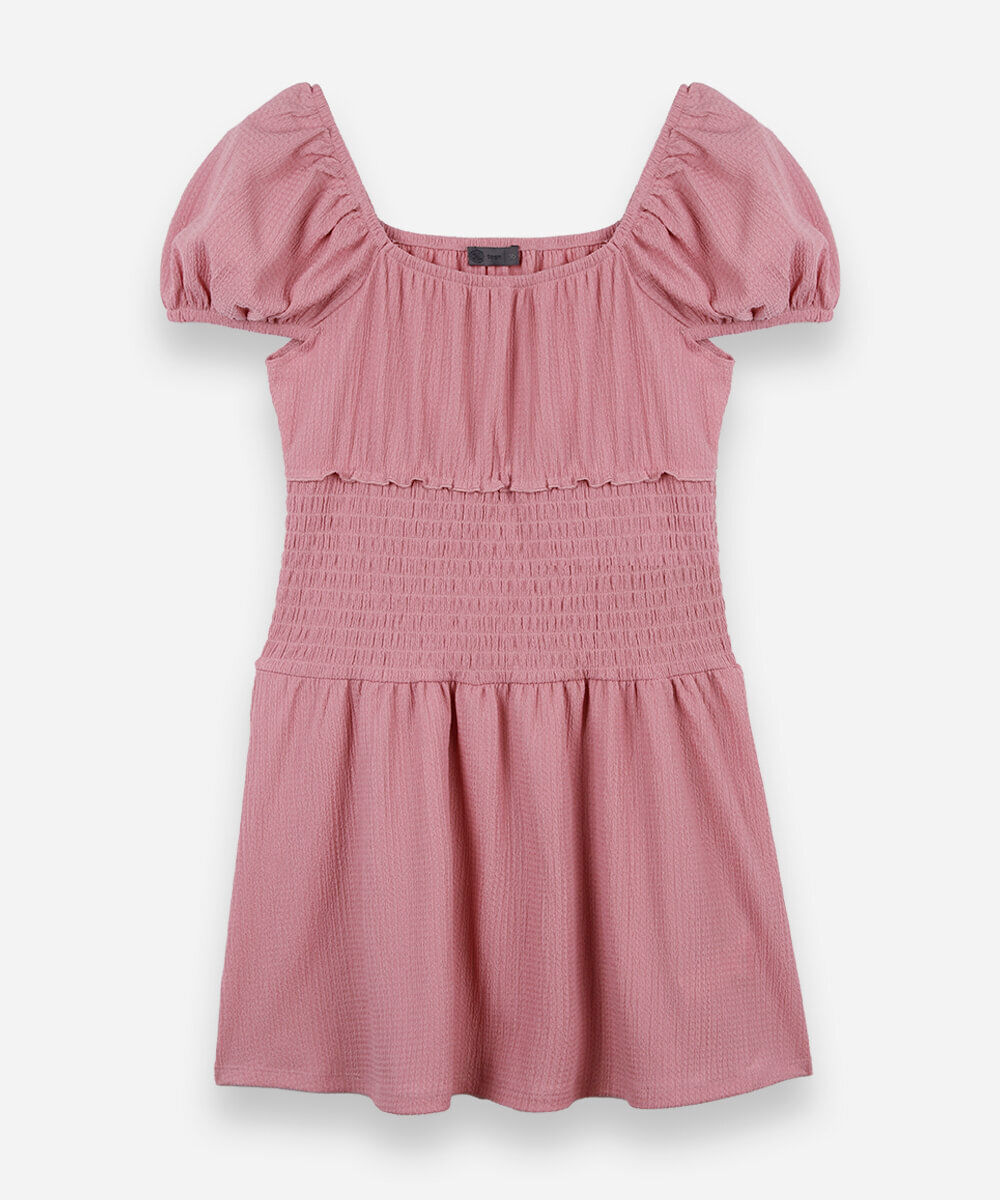 vestido juvenil com lastex manga curta rosa