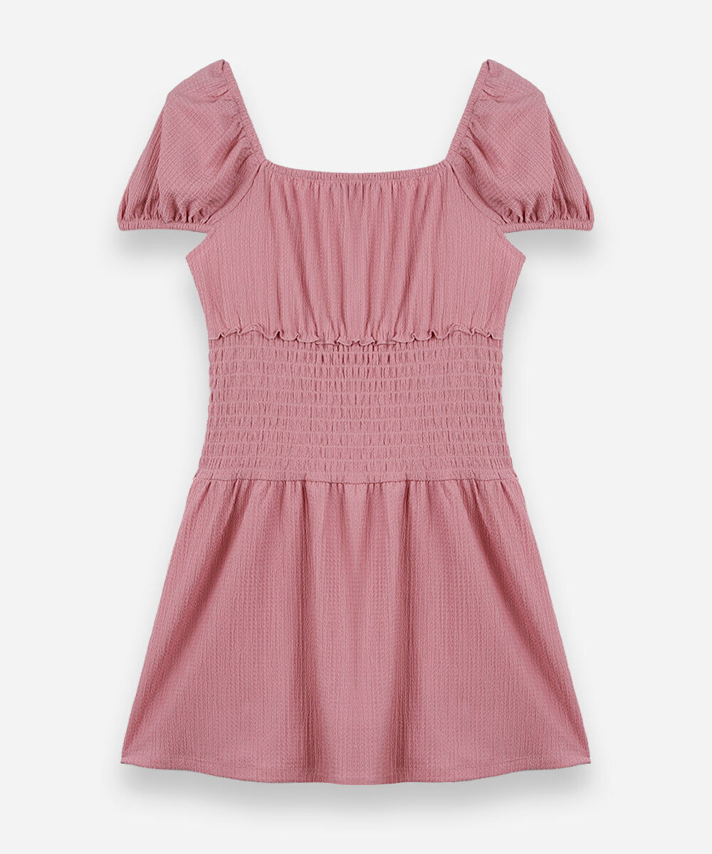 vestido juvenil com lastex manga curta rosa