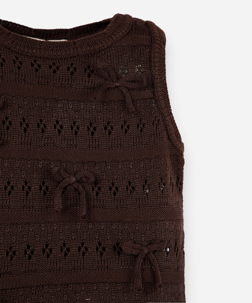 regata infantil de tricot com laços marrom