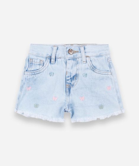 short infantil jeans com bordado de borboleta azul
