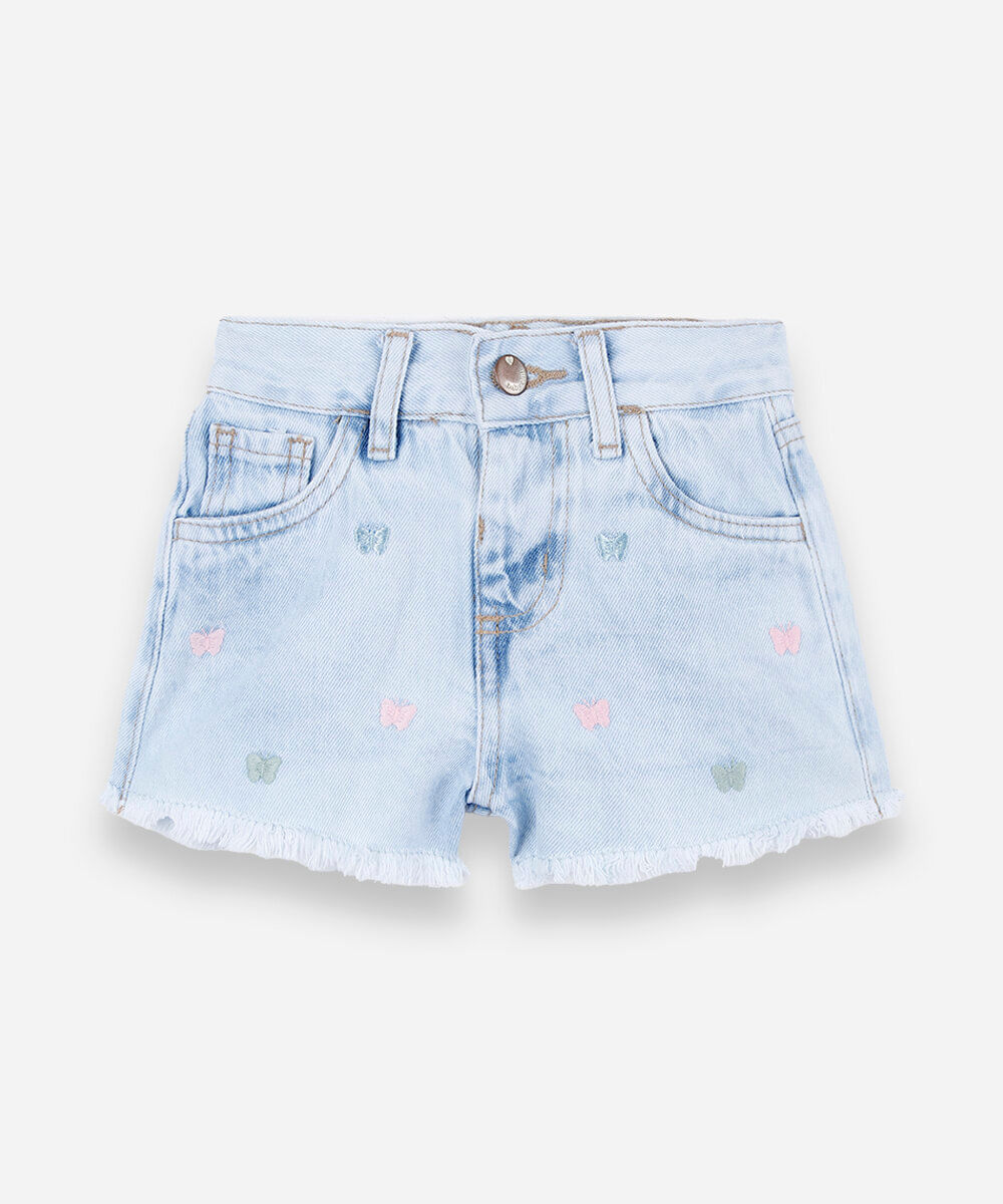 short infantil jeans com bordado de borboleta azul