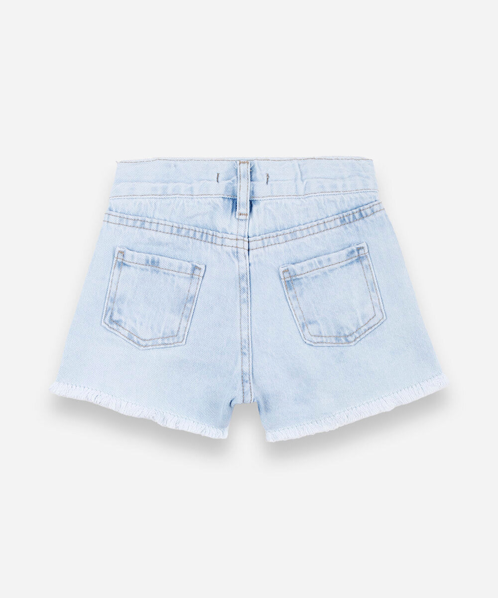 short infantil jeans com bordado de borboleta azul