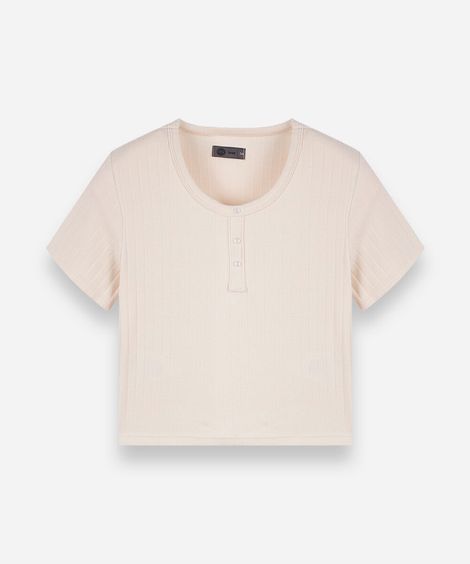 blusa juvenil de algodão com botões canelada bege