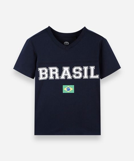 camiseta infantil de algodão com decote v brasil azul