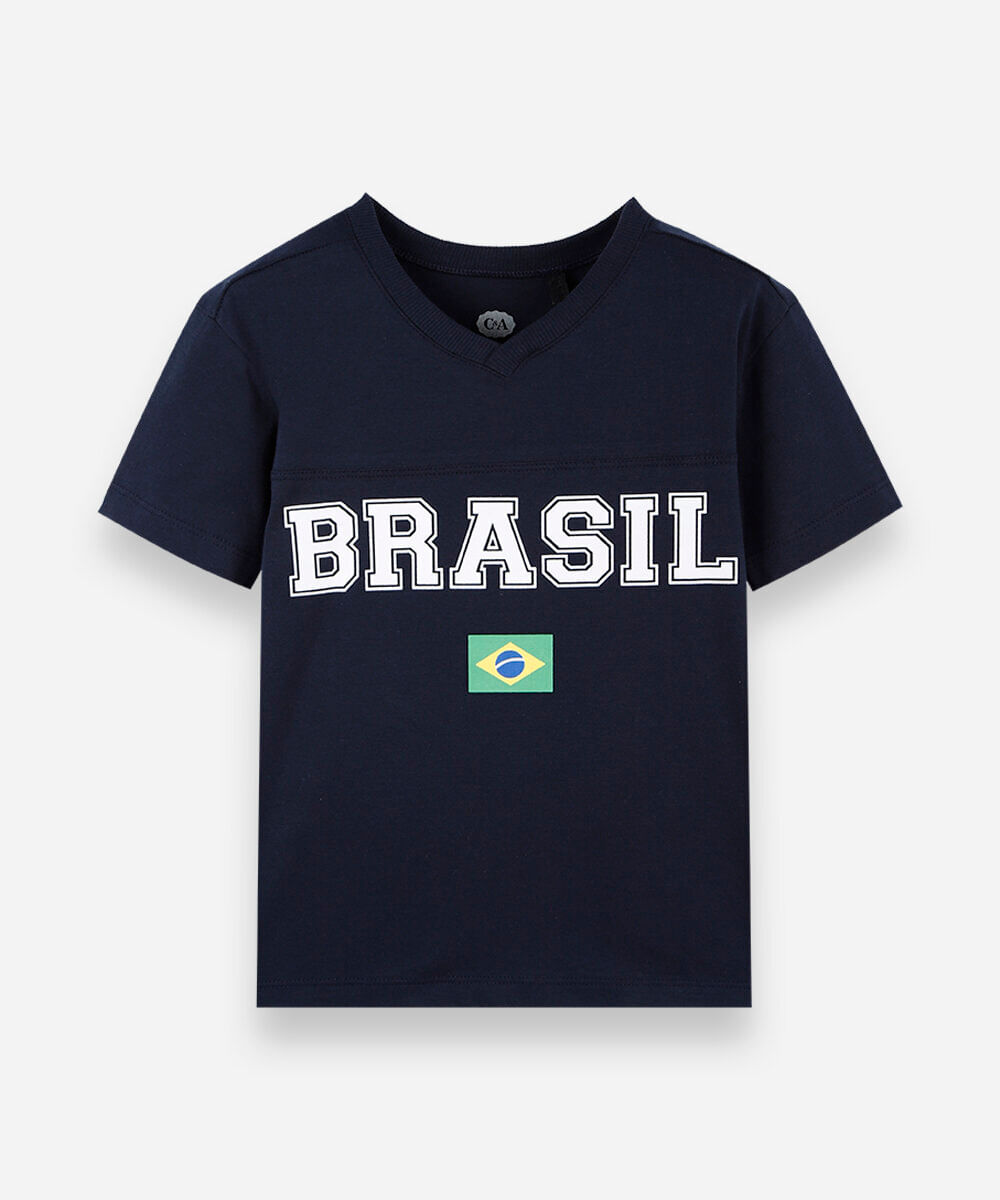 camiseta infantil de algodão com decote v brasil azul